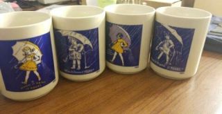 4 Vintage Morton Salt When It Rains It Pours Umbrella Girl Coffee Mug Cup.  (b55)