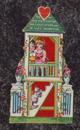 Vintage Valentine 1931 Boy Girl Kitten In Cutout & Die Cut House Germany 7x3.  75