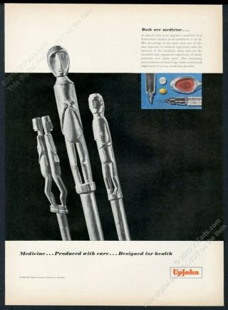 1952 Colombia Indian Doctor Carved Medicine Stick Photo Upjohn Vintage Print Ad
