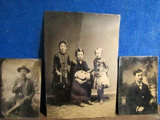 Civil War Era 1/2 Plate Tintype Of 3 Children And 2 1/4 Plate Tintypes =3 Total