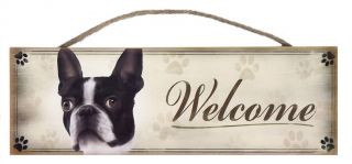 Boston Terrier " Welcome " Rustic Wall Sign Plaque Gifts Home Ladies Pets Dogs