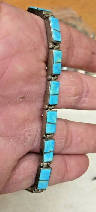 Vintage Sterling Silver And Turquoise Channel Inlay Link Bracelet Calvin Begay