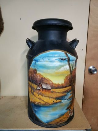 Vintage 10 Gallon Milk Can With Lid And Mural