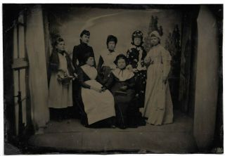 Half Plate Tintype Photograph Group Of 7 Women Actresses Stage Play