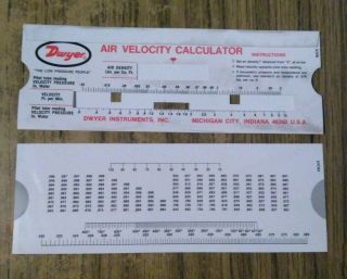 1974 Dwyer Instrucments,  Inc Air Velocity Calculator Slide Rule Chart.