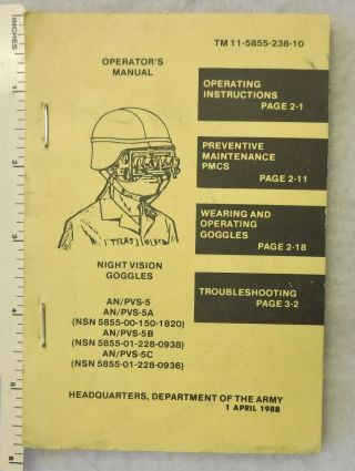 1988 Us Army Night Vision Goggles An/pvs - 5 Operators Guide Tm 11 - 5855 - 238 - 10