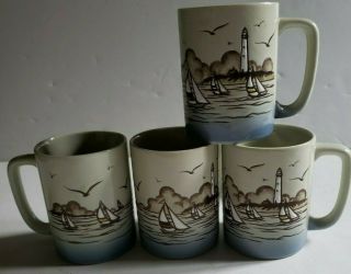 4 Otagiri Japan Lighthouse Sailboats Seagulls Beach Ocean Coffee Tea Cups Mugs