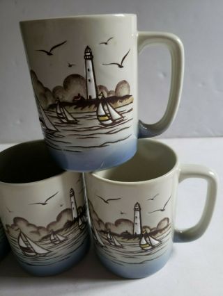 4 Otagiri Japan Lighthouse Sailboats Seagulls Beach Ocean Coffee Tea Cups Mugs 2