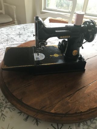 Vintage Singer Portable Sewing Machine 221–1 With Assessors & Case