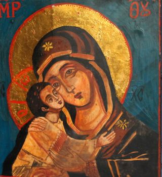 Vintage Hand Painted Tempera/wood Icon Jesus Christ Virgin Mary