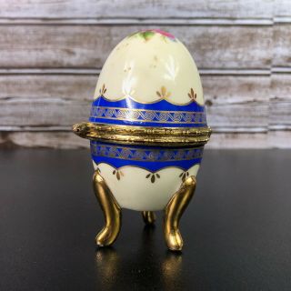 Faberge Egg Hand Painted Gold and Navy Trim on Pedestal with Hinge to Open 2