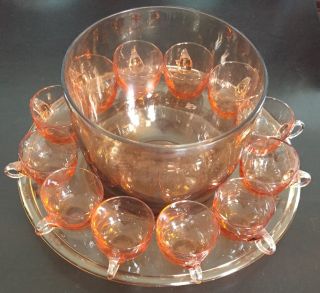 Peach Color Blown Glass Vintage Mid Century Punch Bowl Set W/ 10 Cups,  Platter