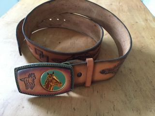 Alumaline Leather & Metal Horse Belt Buckle And Stamped Leather Belt