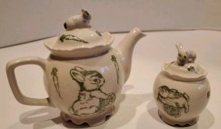 Bunny Rabbit Ceramic Porcelain Teapot And Sugar Bowl Toile