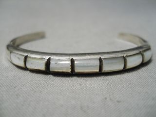 Exquisite Vintage Navajo Pearl Inlay Sterling Silver Native American Bracelet