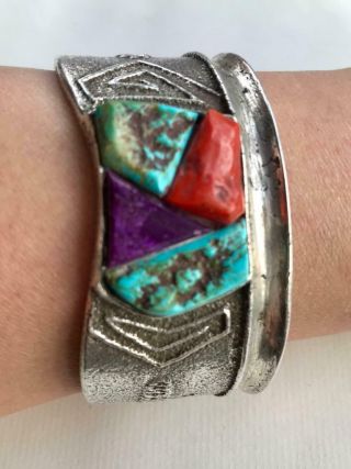 Vintage Navajo Tufa Cast Sterling Silver Bracelet Turquoise Sugilite Coral 110gm