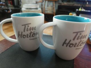Tim Hortons Coffee Mugs Limited Edition 014 Blue Inside Cups Pair 2