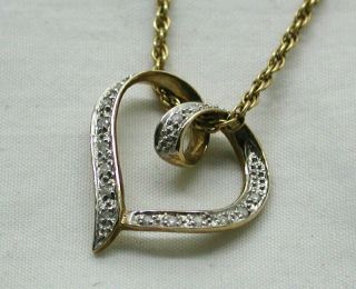 Vintage Pretty 9 Carat Gold And Diamond Set Heart Pendant And Chain