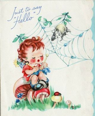 Vintage Folded Birthday Greeting Card: Angel Girl Knitting Cobweb Spider