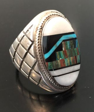 Vintage Sterling Silver Zuni Ring With Intricate Tight Inlay - Size 11