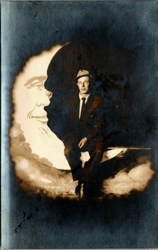 Rppc Circus Carnival Paper Moon Prop Man In The Moon Dark Background G67