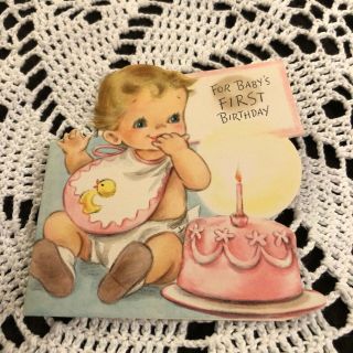 Vintage Greeting Card Baby 1st Birthday Pink Cake