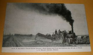 Aultman Taylor Steam Engine Tractor Hauling Road Grader Ontario Oregon Postcard