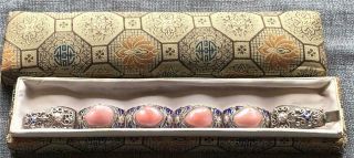 Vintage Chinese Export Silver Filigree Enamel Pink Opal Panel Bracelet 7 1/2 "