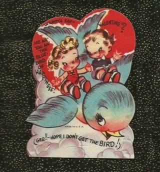 Vintage Signed Die Cut Valentine Boy & Girl Ride On Bluebird Of Happiness