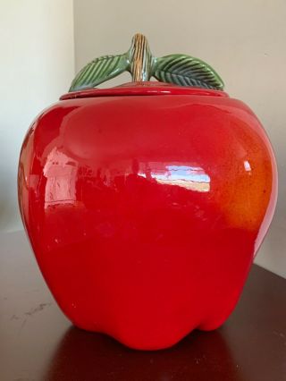 Vintage Red Delicious Apple Cookie Jar With Green Leaves Cute & Shiny