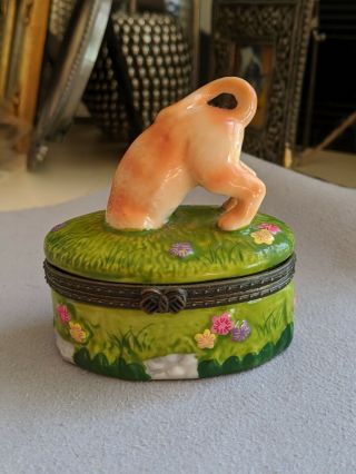 Porcelain Cat With His Head In A Hole In The Ground Trinket Box With Mouse
