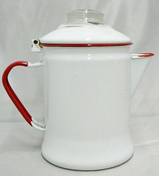Vintage White With Red Trim Enamelware Coffee Pot