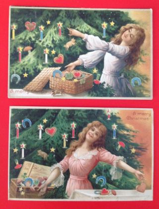 Hold - To - Light Christmas Postcards (2) Girls Decorating Christmas Trees - Colorful
