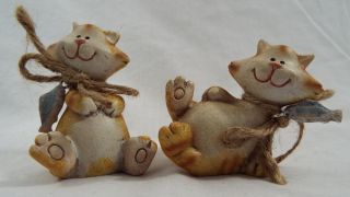 Set Of 2 Resin Orange Tabby Cat Figures With Fish 3 " X 3 " Each