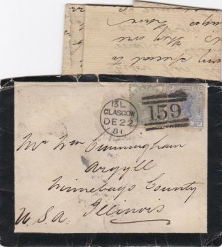 1881 Qv Glasgow Cover With A 2½d Blue & Jubilee Stamp Sent To Winnebago Illinois