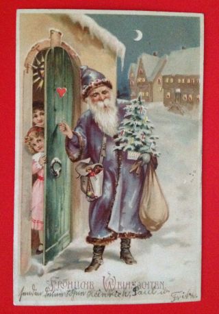 Vintage Hold - To - Light Santa Postcard - Purple Robed Santa Knocking On Green Door
