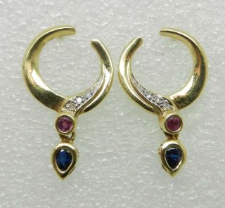 Vintage 18k Yellow Gold Sapphire Ruby Diamond Earrings - Lb2975