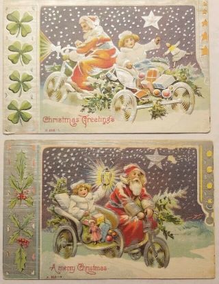 2 Vintage C1909 Postcards Santa On Tricycle,  Little Fur Coat Girl,  Toys,  Tree