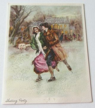 Vintage Christmas Card Glittery Old Fashioned Couple Ice Skating Party