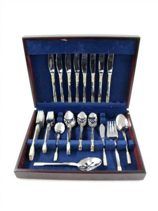 Wallace 18/10 Stainless Gold Accent Corsica Flatware 53pcs W/ Wood Case -