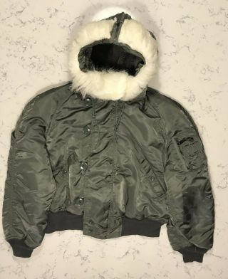 Usaf Flyers Jacket Parka Ecw Faux Fur Hood Olive 1985 Bomber Eskimo L N - 2b Alpha