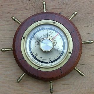 Vintage Taylor Instrument Companies Barometer Ships Wheel Mahogany Brass 8.  5 " D