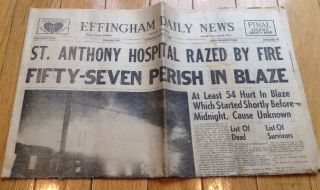 Effingham St.  Anthony Hospital Fire Newspaper Effingham,  Illinois 1949