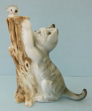 Vintage Bone China Cat Chasing Mouse Tree Stump Ornament Figurine Kitten Rat