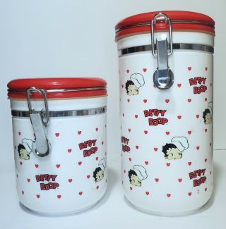 Set Of (2) Two Betty Boop Plastic Canisters W/ Hearts & Red Lids