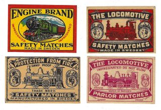 4 Railroad Sweden Match Box Labels,  The Locomotive,  Engine,  Protection From Fire