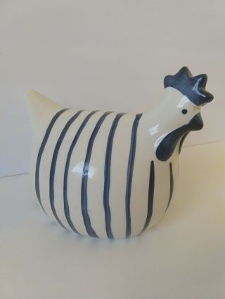 Ceramic Chicken Hen Rooster Blue White Striped Pottery Decor Farmhouse Chic