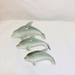 Vintage Set Of 3 Miniature Dolphin Ceramic Figures Gray And White