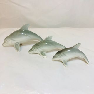 Vintage Set of 3 Miniature Dolphin Ceramic Figures Gray and White 2
