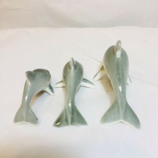 Vintage Set of 3 Miniature Dolphin Ceramic Figures Gray and White 3